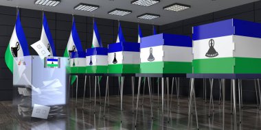 Lesotho - oy sandıkları ve oy sandıkları olan sandık merkezi - seçim konsepti - 3D illüstrasyon