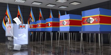 Eswatini - oy sandıkları ve oy sandıkları olan sandık merkezi - seçim konsepti - 3D illüstrasyon