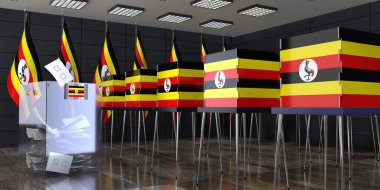 Uganda - oy kullanma kabinleri ve oy sandığı - seçim konsepti - 3 boyutlu illüstrasyon