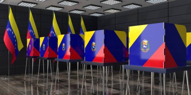 Venezuela - sandık merkezi ve armalı oy kabinleri - seçim konsepti - 3D illüstrasyon