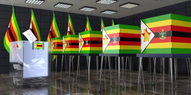 Zimbabwe - oy sandıkları ve oy sandıkları olan sandık merkezi - seçim konsepti - 3D illüstrasyon