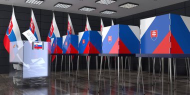 Slovakya - oy sandıkları ve oy sandıkları olan sandık merkezi - seçim konsepti - 3D illüstrasyon
