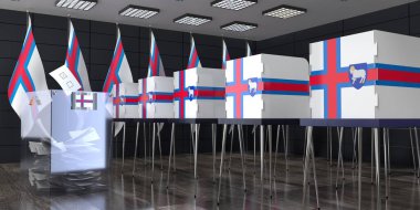 Faroe Adaları - oy sandıkları ve oy sandıkları olan sandık merkezi - seçim konsepti - 3D illüstrasyon