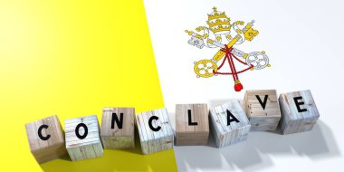 Vatikan Şehri - Meclis seçim konsepti - tahta bloklar ve ülke bayrağı - 3D illüstrasyon