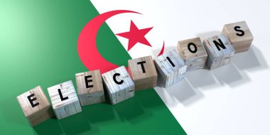 Cezayir - seçim kavramı - tahta bloklar ve ülke bayrağı - 3D illüstrasyon