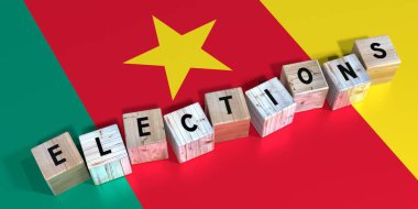 Kamerun - seçim kavramı - tahta bloklar ve ülke bayrağı - 3D illüstrasyon