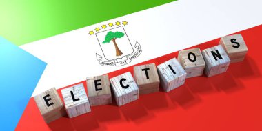 Ekvator Ginesi - seçim konsepti - tahta bloklar ve ülke bayrağı - 3D illüstrasyon