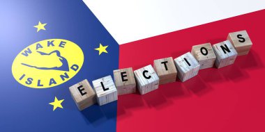 Wake Adası - seçim kavramı - tahta bloklar ve ülke bayrağı - 3D illüstrasyon