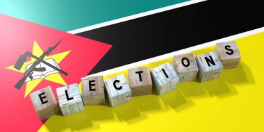 Mozambik - seçim kavramı - tahta bloklar ve ülke bayrağı - 3D illüstrasyon