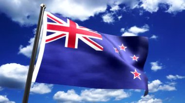 Yeni Zelanda - arkada bayrak ve gökyüzü - 3D 4k animasyon (3840 x 2160 px)