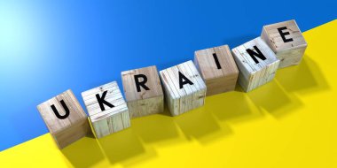 Ukrayna - tahta küpler ve ülke bayrağı - 3D illüstrasyon