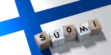 Suomi - Finlandiya - tahta küpler ve ülke bayrağı - 3D illüstrasyon