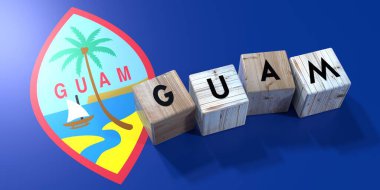 Guam - tahta küpler ve bayrak - 3D illüstrasyon