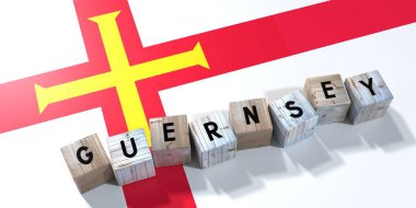 Guernsey - tahta küpler ve bayrak - 3D illüstrasyon