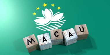 Macau - tahta küpler ve bayrak - 3D illüstrasyon