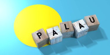 Palau - ahşap küpler ve bayrak - 3D illüstrasyon