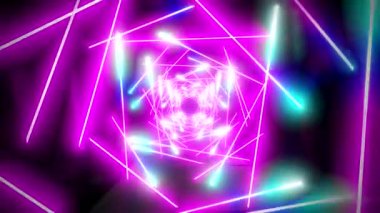 Parlayan morötesi, pembe, mor ve mavi neon ışıklarıyla geometrik fütüristik tünelin içinde uçmak - 3840x2160px)
