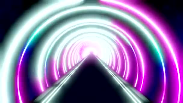 Avanzando Dentro Túnel Futurista Con Luces Neón Redondas Ultravioleta Rosa — Vídeo de stock