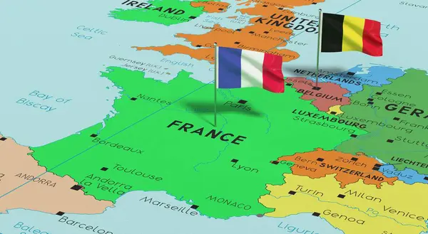 France and Belgium - pin flags on political map - 3D illustration