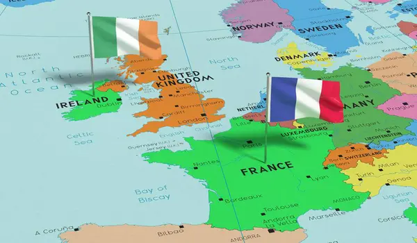 France and Ireland - pin flags on political map - 3D illustration