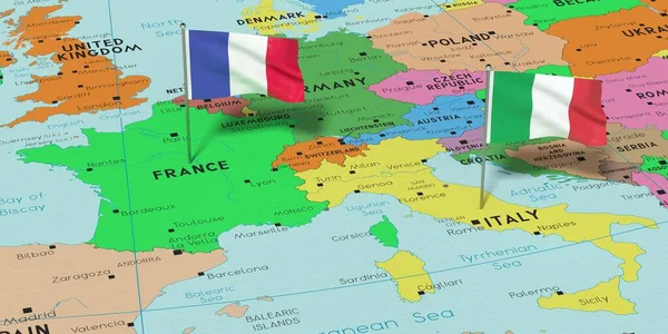 France and Italy - pin flags on political map - 3D illustration