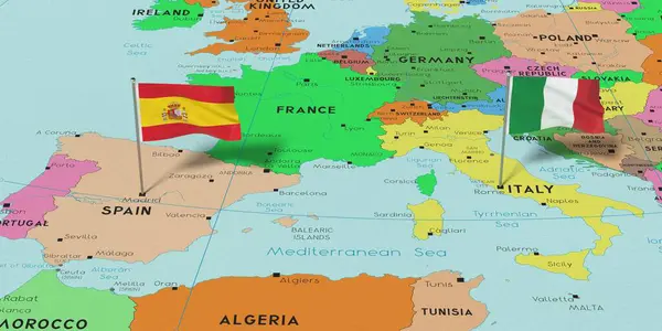Spain and Italy - pin flags on political map - 3D illustration