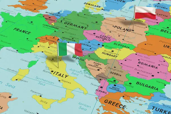 Polandia Dan Italia Pin Flags Pada Peta Politik Ilustrasi — Stok Foto