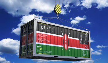 Kenya bayrağının asılı olduğu nakliye konteynırı - 3 boyutlu illüstrasyon