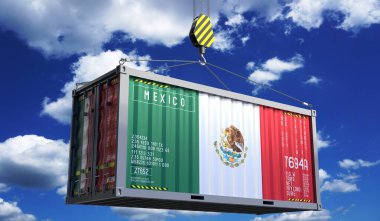 Üzerinde Meksika bayrağı asılı bir nakliye konteynırı. Üç boyutlu illüstrasyon.