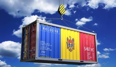 Üzerinde Moldova bayrağı asılı nakliye konteynırı - 3 boyutlu illüstrasyon