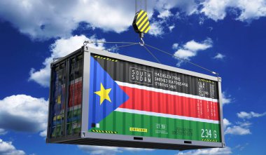 Üzerinde Güney Sudan bayrağı asılı bir nakliye konteynırı. Üç boyutlu illüstrasyon.