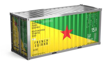 Beyaz arka planda ulusal Fransız Guyanası bayrağı taşıyan nakliye konteynırı - 3D illüstrasyon