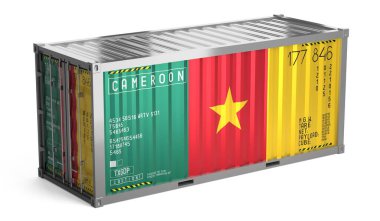 Beyaz zemin üzerinde Kamerun bayrağı bulunan nakliye konteynırı - 3D illüstrasyon