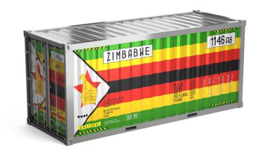 Beyaz zemin üzerinde Zimbabwe bayrağı bulunan nakliye konteynırı - 3D illüstrasyon