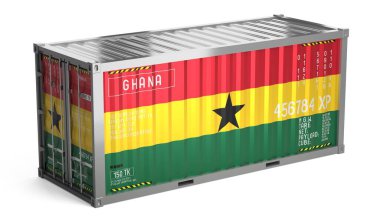 Beyaz zemin üzerinde Gana bayrağı bulunan nakliye konteynırı - 3D illüstrasyon