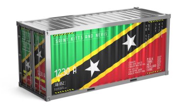 Beyaz arka planda Saint Kitts ve Nevis 'in bayrağını taşıyan nakliye konteynırı - 3 boyutlu illüstrasyon