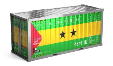 Beyaz zemin üzerinde Sao Tome ve Principe bayrağı bulunan nakliye konteynırı - 3D illüstrasyon