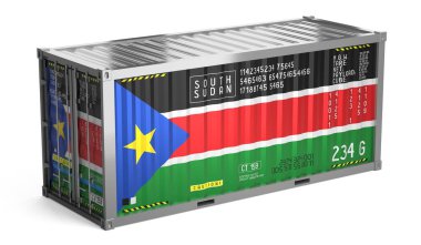 Beyaz arka planda Güney Sudan 'ın ulusal bayrağını taşıyan nakliye konteynırı - 3D illüstrasyon