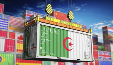 Cezayir bayrağı taşıyan nakliye konteynırı - 3D illüstrasyon