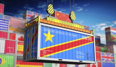 Demokratik Kongo Cumhuriyeti bayrağı taşıyan nakliye konteynırı - 3 boyutlu illüstrasyon