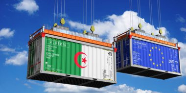 Cezayir ve Avrupa Birliği bayraklı konteynırlar - 3D illüstrasyon