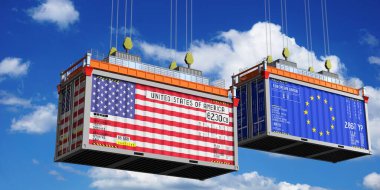 ABD ve Avrupa Birliği bayraklı konteynerler - 3D illüstrasyon