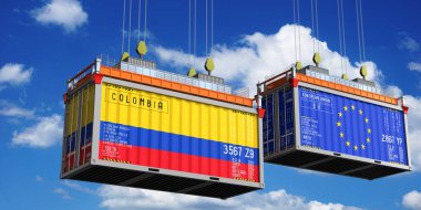 Kolombiya ve Avrupa Birliği bayraklı konteynırlar - 3D illüstrasyon