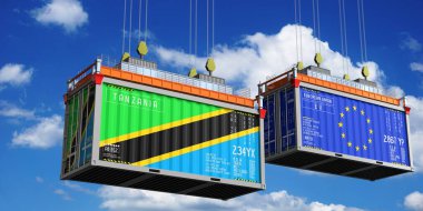 Tanzanya ve Avrupa Birliği bayraklı konteynerler - 3D illüstrasyon