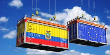 Ekvador ve Avrupa Birliği bayraklı nakliye konteynerleri - 3D illüstrasyon