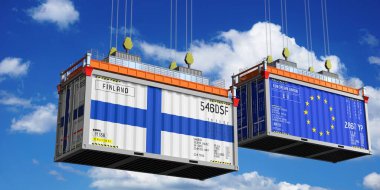 Finlandiya ve Avrupa Birliği bayraklı konteynırlar - 3D illüstrasyon