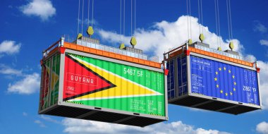 Guyana ve Avrupa Birliği bayraklı konteynırlar - 3D illüstrasyon