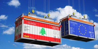 Lübnan ve Avrupa Birliği bayraklı konteynırlar - 3D illüstrasyon