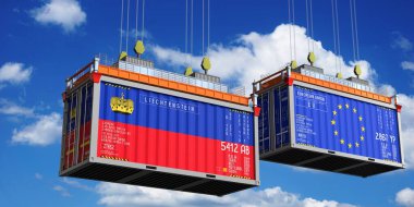 Lihtenştayn ve Avrupa Birliği bayraklı konteynırlar - 3D illüstrasyon