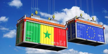 Senegal ve Avrupa Birliği bayraklı nakliye konteynerleri - 3D illüstrasyon